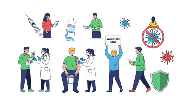 Vaccination and Immunity Concept Illustrations: People Receiving Shots Vaccine Vials and Virus Protection Symbols.