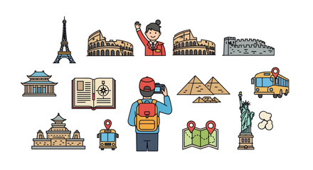 Hand-drawn travel illustrations set featuring world landmarks tourist and adventure elements.