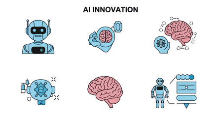 AI Innovation Vector Icon Set: Robots Brains and Technology Concepts.