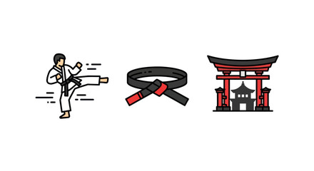 Martial Arts Iconography: Karate Kick Black Belt and Japanese Torii Gate.