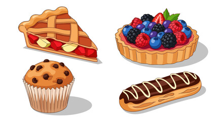 Assorted Pastries: Cherry Pie Slice Berry Tart Chocolate Chip Muffin and Chocolate Eclair.