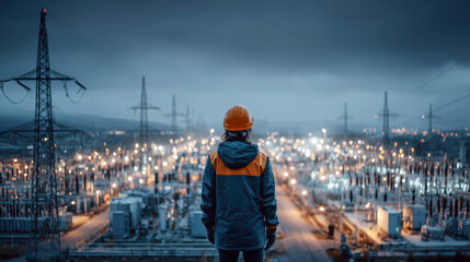 Worker in Safety Gear Observing Industrial Power Station at Dusk with City Lights in Background