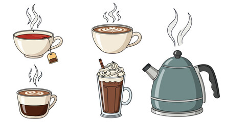 Steaming Hot Beverages and Kettle Cartoon Illustration.