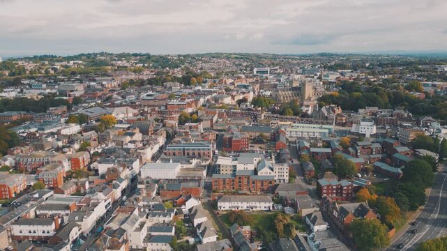 Aerial drone shot of city of Exeter, UK