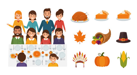 Thanksgiving Cartoon Set: Family Turkey Pie Cornucopia Maple Leaf Pumpkin Corn Hat Headdress.