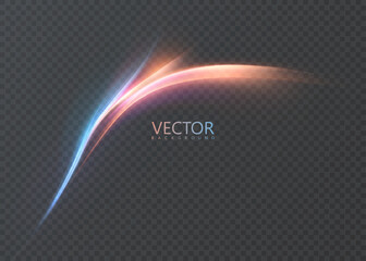 Luminous blue-amber light swoosh with soft particles on a transparent background, elegant curved streak for overlays. Vector abstract arc for tech headers, banners, UI and motion design.