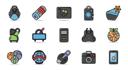 Collection of Colorful Travel and Technology Icons with Black Outlines and Cartoon Style.