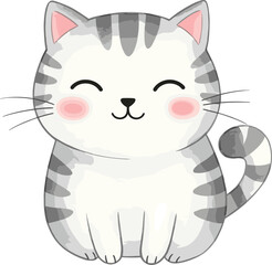 Cute cartoon striped cat smiling, gray and white fur, pink cheeks, curled tail, happy face, children’s art, playful animal illustration