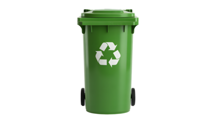 Green recycling bin with white recycle symbol, promoting environmental sustainability, waste management, and eco-friendly practices