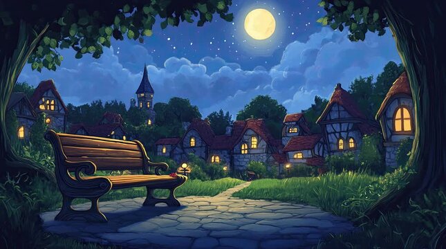 A view of a bench with a village and the moon at night. 4K animated video