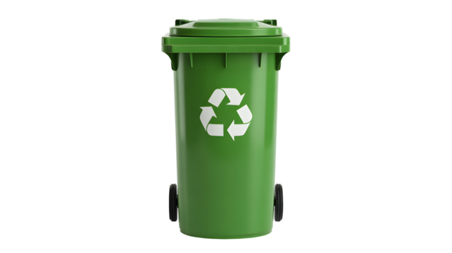Green recycling bin with white recycle symbol, promoting environmental sustainability, waste management, and eco-friendly practices