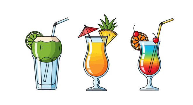 Three colorful tropical cocktails with garnishes and straws.