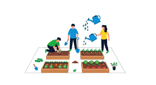 Flat vector illustration of a group of people gardening together planting and watering seedlings in raised beds.