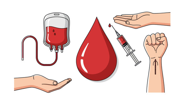 Blood donation equipment and human hands symbolizing giving.