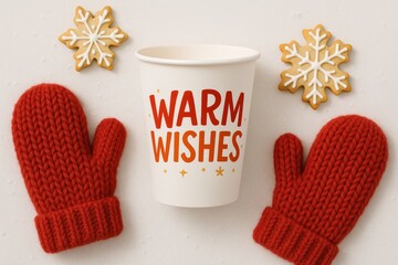 Cozy winter scene with red mittens, snowflake cookies, and a cup with warm wishes message on white background. Perfect for holiday and Christmas themes.
