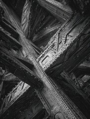 Fototapeta premium Industrial abstract black and white photo of metal beams in geometric structure.