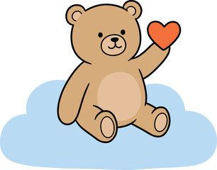 Cute teddy bear on cloud, holding red heart, smiling face, soft colors, childhood theme, love, comfort, cartoon animal illustration
