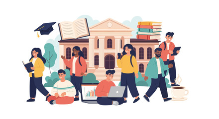 A diverse group of university students studying together on a college campus in a modern flat vector illustration style.