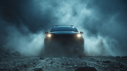 Sports car driving fast through misty mountain road with dramatic lighting.
