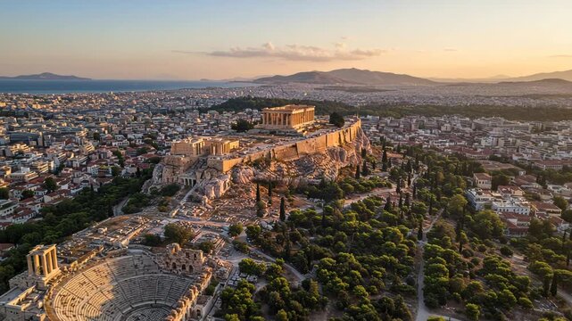 Aerial view of the acropolis and athens cityscape at sunset
