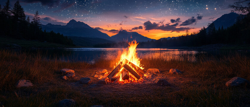 Bonfire by the lake under starry sky and mountain scenery, useful for travel websites, camping blogs and outdoor activities advertising.