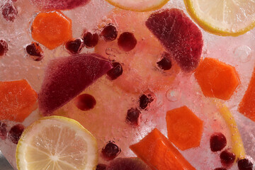 Various fruits in ice. Cold drink.