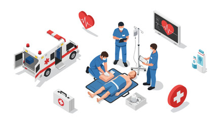 Paramedics providing emergency cardiac resuscitation with a defibrillator and CPR in an isometric illustration.