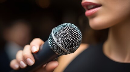 Professional woman holding microphone confidently delivering captivating speech or presentation public speaking event.