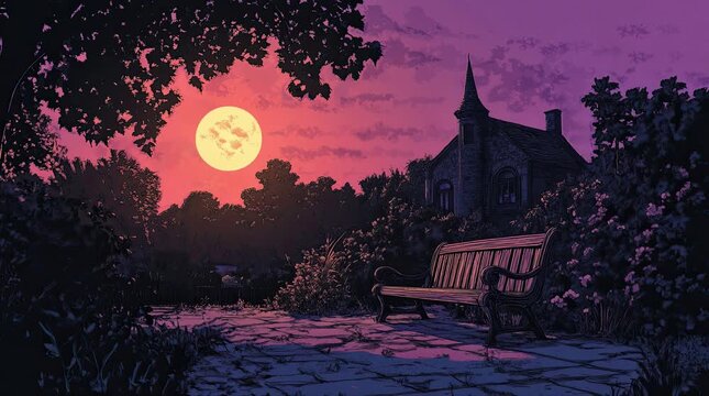 A view of a bench with a church at dusk. 4K animated video