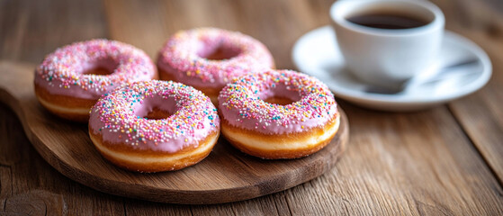Three pink doughnuts with colourful sprinkles on a wooden board next to a cup of coffee.
Perfect for advertising pastry shops, coffee shops, articles about breakfast and sweet pastries.