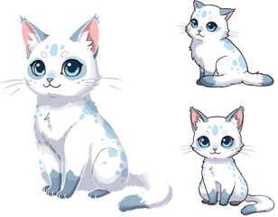 Cute white cartoon cat with blue eyes, fluffy tail, sitting pose, stylized kitten character, vector illustration, isolated on white background