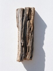 Vertical piece of textured driftwood with natural cracks and shadow on white background.