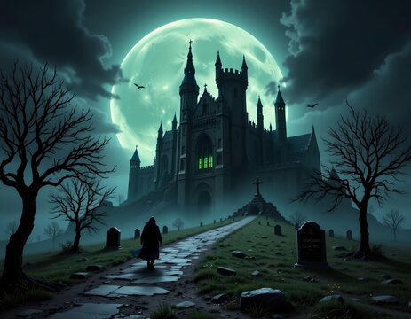 Gothic Castle Night Scene with Full Moon and Lone Traveller