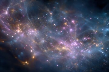 Fototapeta premium Abstract cosmic nebula filled with glowing stars, gas clouds, and deep space colors.