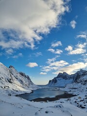 Fototapeta premium View on the Bunesfjorden in winter, Reine , Lofoten, Norway 