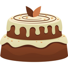 Two Tier Chocolate Cake with Cream Frosting and Sprinkles Decorated with Leaves and Nuts on Top Isolated on White Background