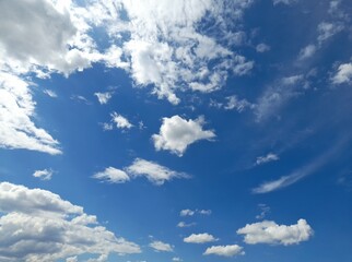 Scattered White Cumulus and Cirrus Clouds in a Vivid Blue Sky