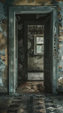 Old building entrance with worn wooden door and rusty hinges