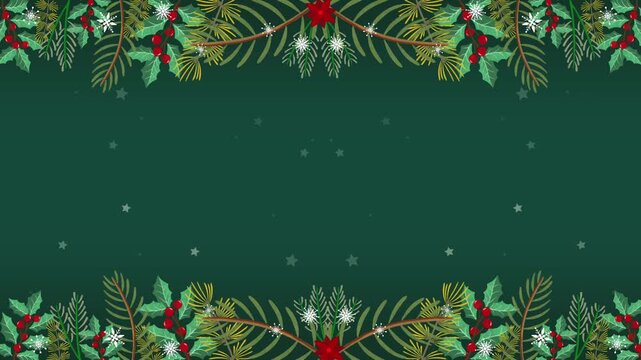 Green Christmas background with Christmas tree. Hand drawn animation.