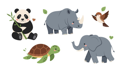 A cute cartoon collection of wild animals including a panda rhinoceros elephant turtle and bird.