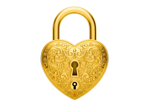 Ornate golden heart shaped padlock isolated on transparent background