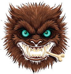 Fierce cartoon creature face with bone, spiky fur, turquoise eyes, sharp teeth, wild expression, mascot design, fantasy animal illustration
