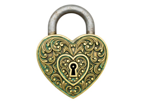 Ornate golden heart shaped padlock isolated on transparent background