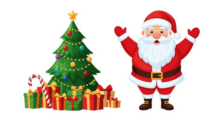 Fototapeta premium Festive Santa Claus and Decorated Christmas Tree with Presents.