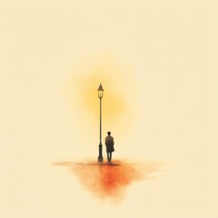 Minimal watercolor painting of a man standing under a street lamp on warm beige background.