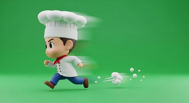 A cartoon chef in uniform sprints across a vibrant green backdrop, generating a motion effect behind him