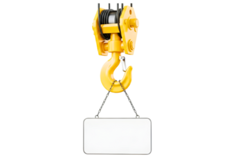 Yellow industrial crane hook with blank sign isolated on transparent background
