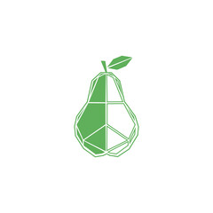 A stylized green pear illustration with geometric lines and a single leaf.