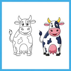 Fototapeta premium A cartoon cow is depicted in two styles, black and white outline and fully colored, on a blue-framed white background