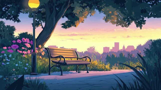 A view of a bench in summer with city buildings at dusk. 4K animated video